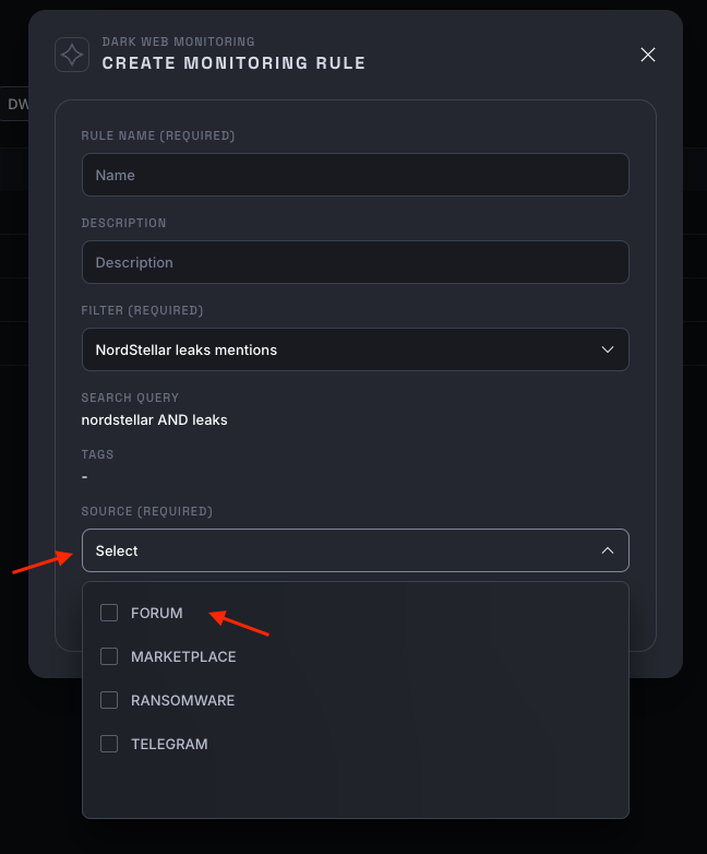 Select source to create a monitoring rule