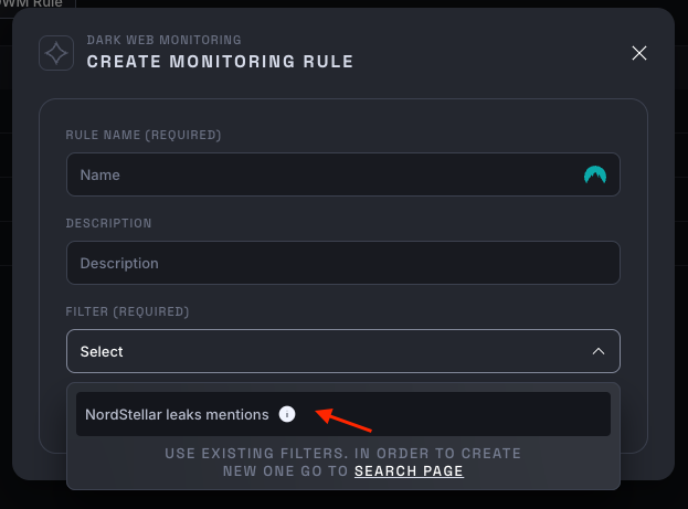 Select filter to create a monitorin g rule