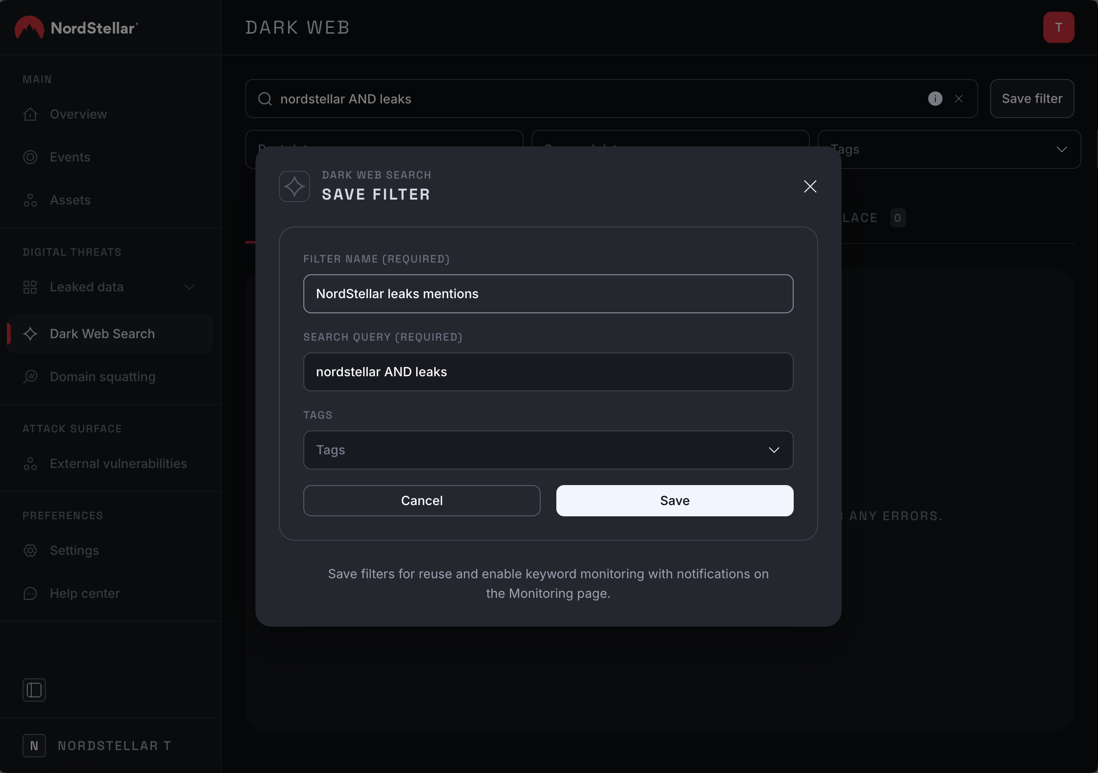 Dar Web Search save fitler modal
